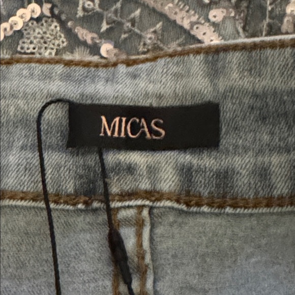 Sequin Fringe Hem Denim Mini Skirt Size L MICAS Jeans Concert Party Silver Blue - Picture 9 of 10